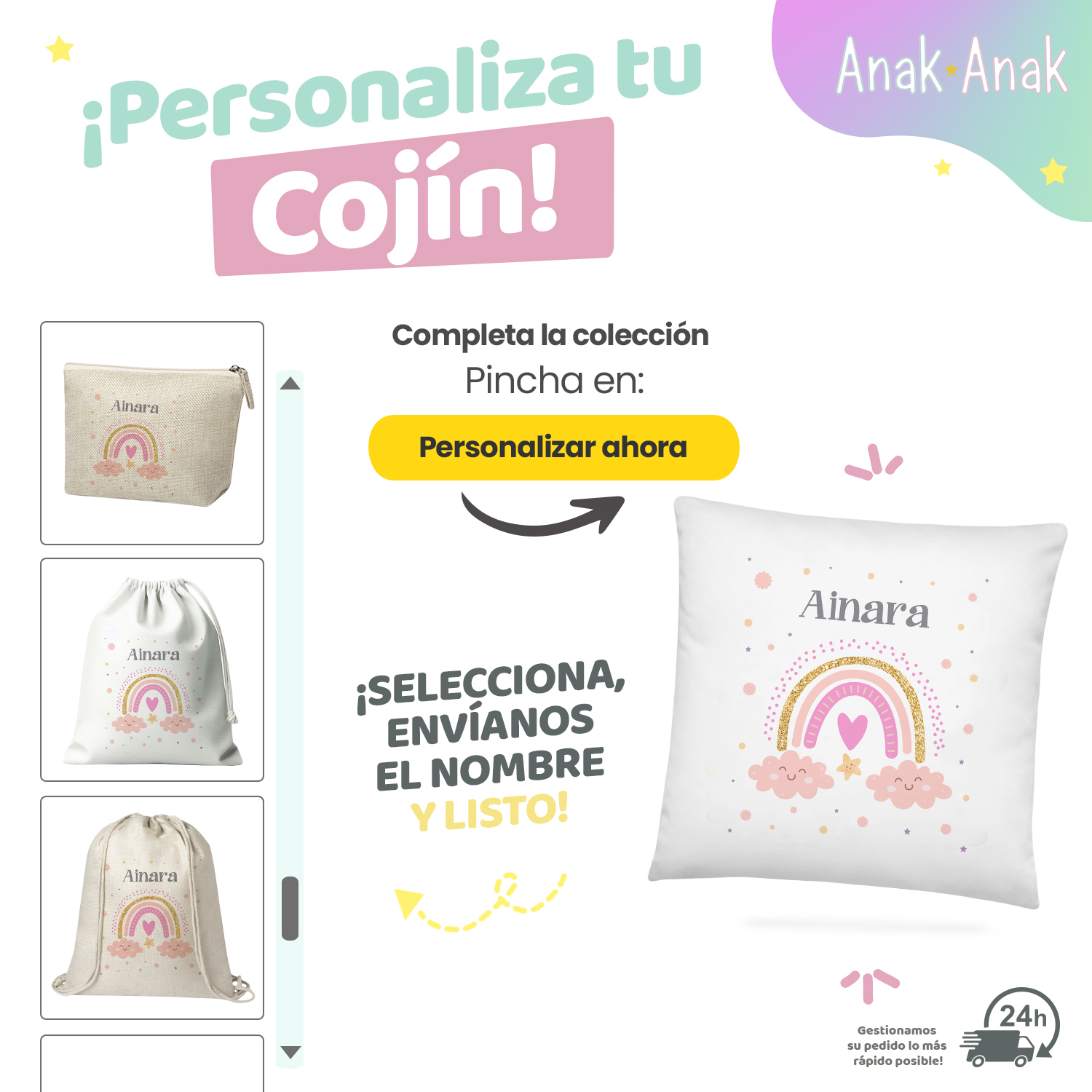 Personaliza-tu-Cojin-infantil-personalizado-arcoiris-rosa-con-nombre
